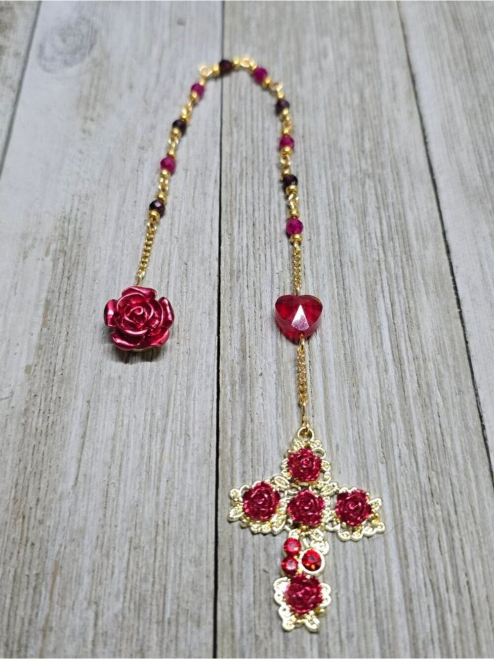 Rose & Heart Gold Colored Garnet Ruby Gemstone Rosary Easter Christmas gift 9"